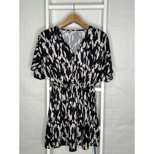 Cupshe Dress Womens Medium Black Print Short Sleeve V-Neck Mock Wrap NEW